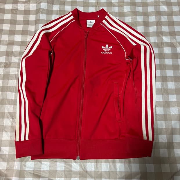 아디다스 슈퍼스타 져지 키즈 레드 140 집업 삼선 트랙탑 빨강