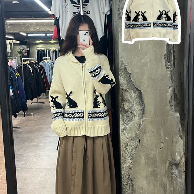 빈티지 토끼 패턴 뜨개 니트 집업 아이보리 #csz2545 