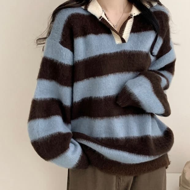 스트라이프 줄무늬 럭비니트 럭비 니트 오버핏 앙고라