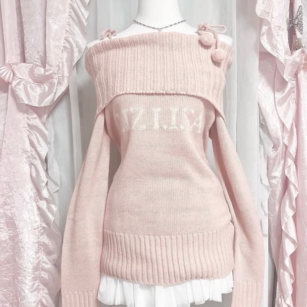 리즈리사 핑크 폼폼이 오프숄더 니트 라떼 히메 갸루 러블리 로걀 빈티지