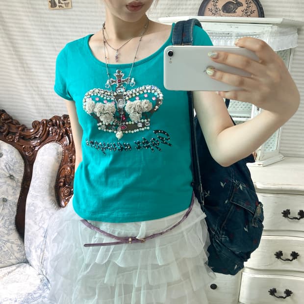 jpn vintage 청록 로즈 쉬폰 반팔