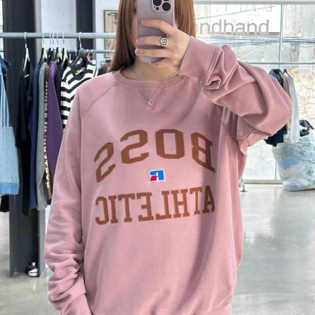 휴고보스 x Russell Athletic 핑크살몬 맨투맨