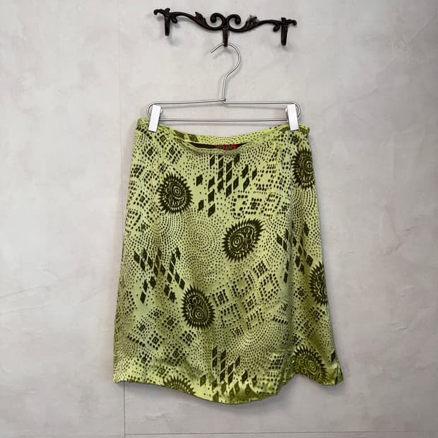 KENZO lime silk satin ethnic pattern sk