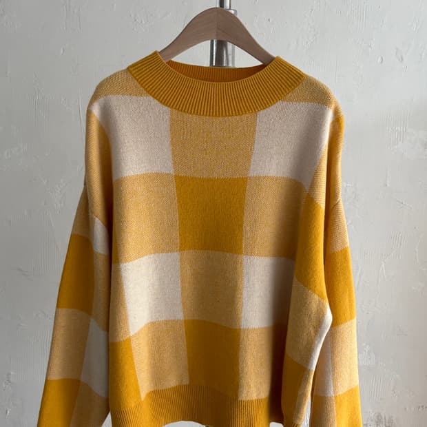 Beams Heart 빔즈하트 옐로우 컬러 자카드 체크 니트