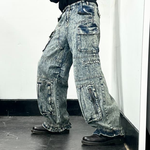 아이스 워시드 멀티포켓 와이드 데님 카고 팬츠