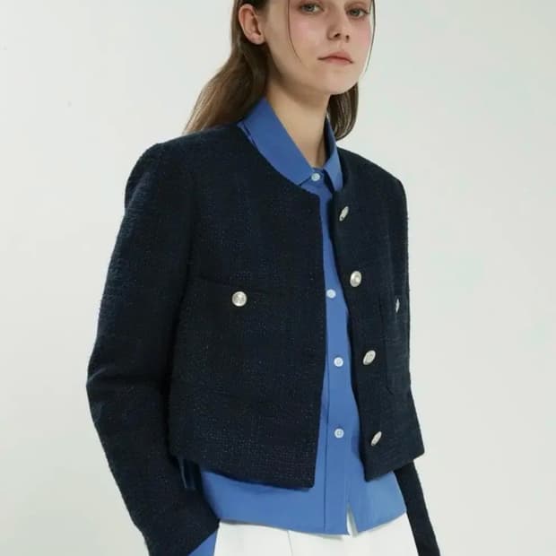 스테이피플 크롭 트위드 블레이저 네이비