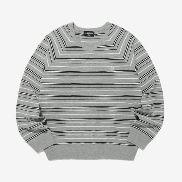 MULTI STRIPE 3STAR V NECK KNIT_GREY