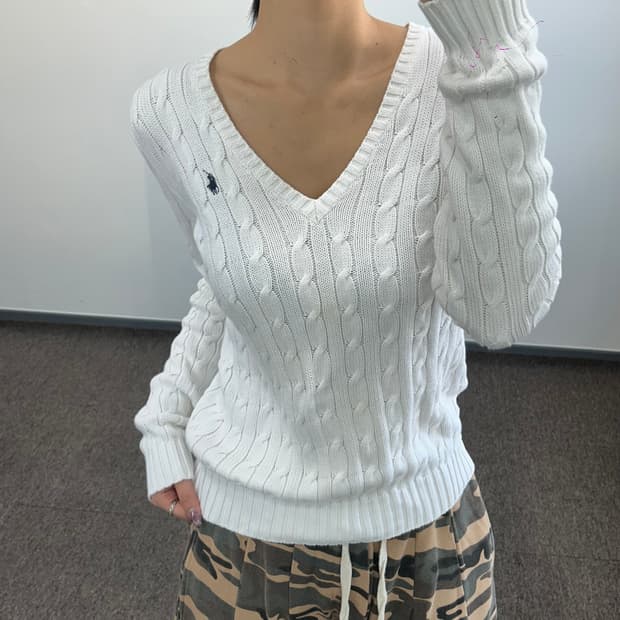 Polo 폴로 네이비포니 화이트 케이블 브이넥 니트