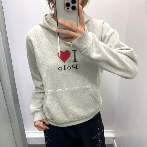 폴로 그레이 프린팅 후드티