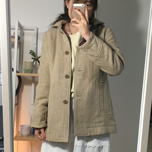 베이지 울 후드 코트