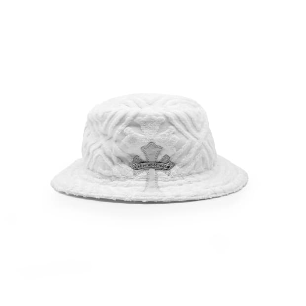 [L] 크롬하츠 크로스 레더 패치 테리 패브릭 버킷햇 아이스 화이트