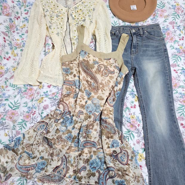 일본빈티지)아오이유우 모리걸st 엑시즈팜 플로럴 코디세트 오월에스닉y2k