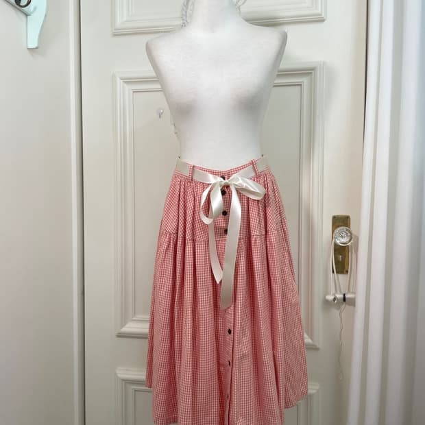 pink gingham check tired banding skirt