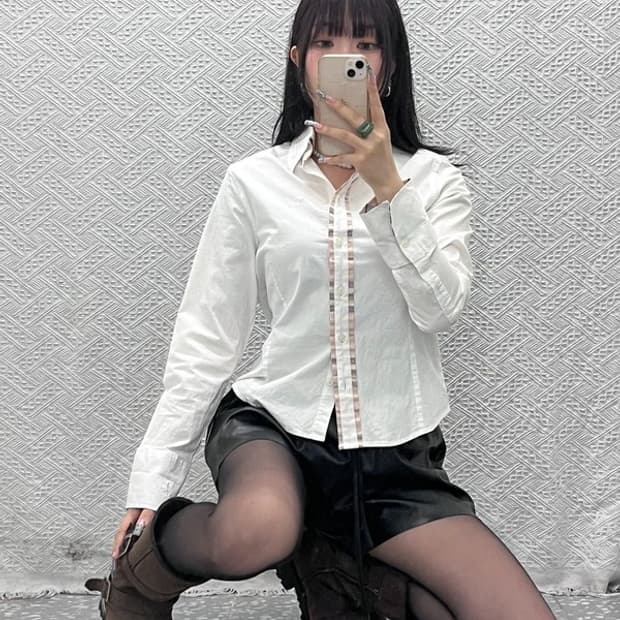 버버리 빈티지 페미닌 화이트크림 노바체크 셔츠 XL C12836