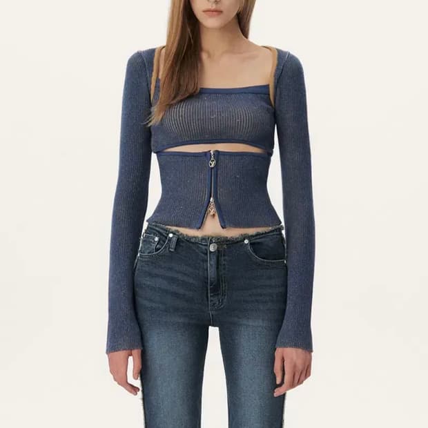 유즈 YUSE TWO TONE BOLERO CUT OUT KNIT TOP