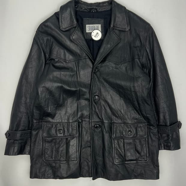 빈티지 버튼 디테일 롱 레더자켓