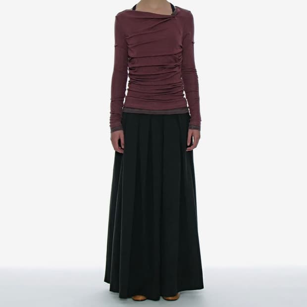 [S] 파르티멘토우먼 컷 오프 게더링 플리츠 맥시 스커트 - 차콜