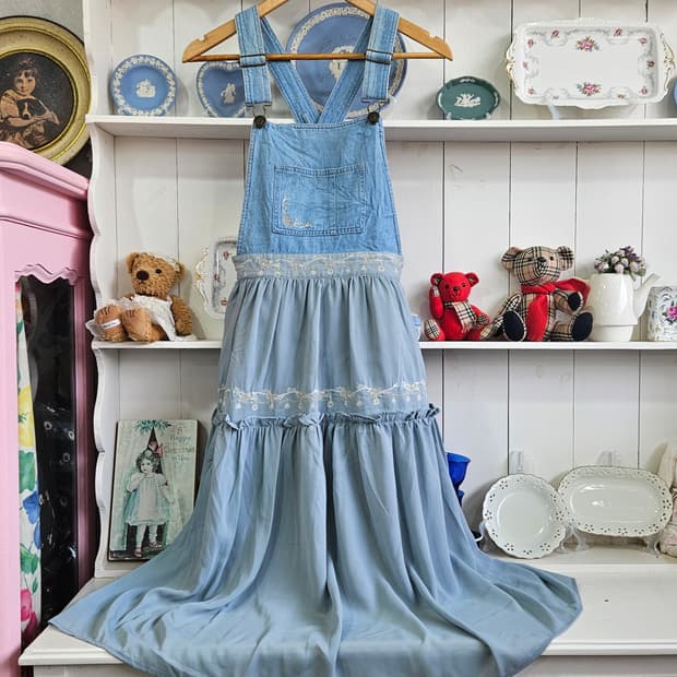 (Axes Femme) 하늘빛 데님 쉬폰 멜빵 롱원피스