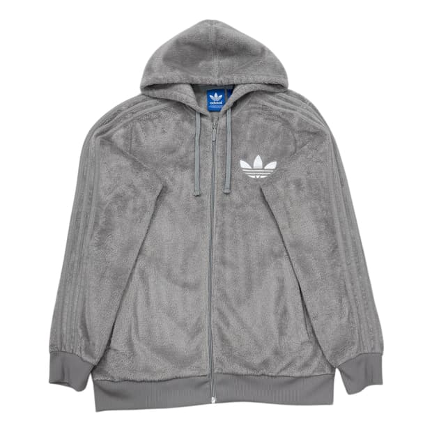 아디다스 빈티지 파이어버드 빅로고 뽀글이 쉐르파 후드집업 자켓 그레이 L