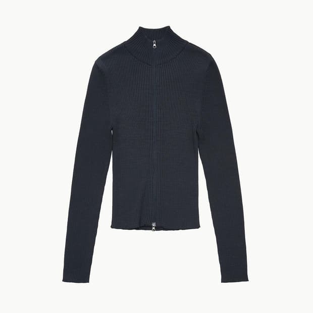 아모멘토Ribbed Mock Neck Cardigan-Dark Navy