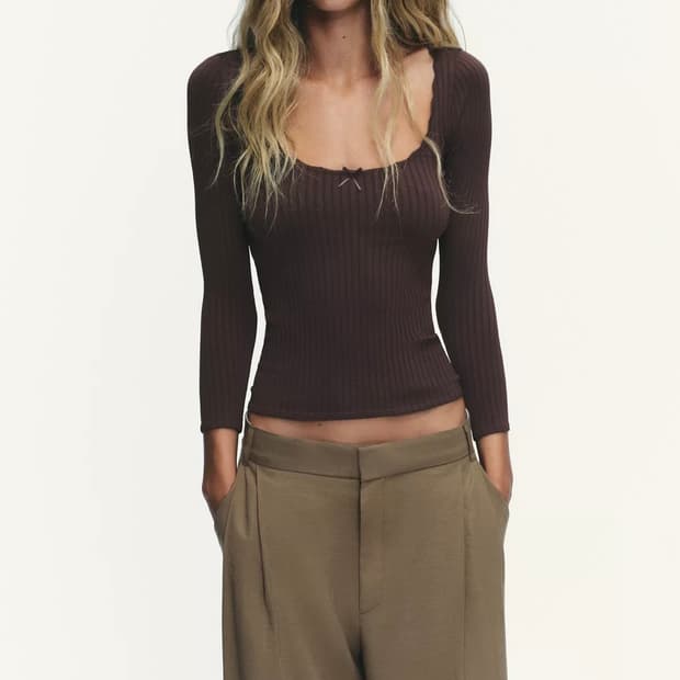 ZARA 자라 슬림핏 브이넥 리본 골지 긴팔 탑 브라운