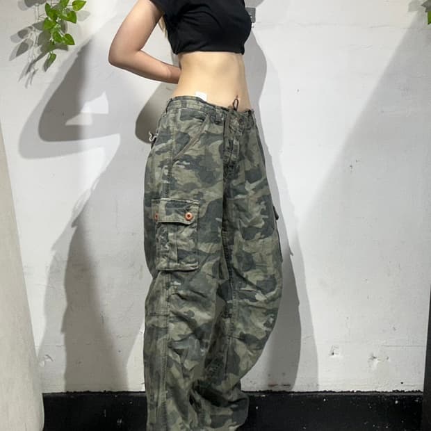 일본 빈티지 카키 와이드 카모 밀리터리 카고 팬츠 L 