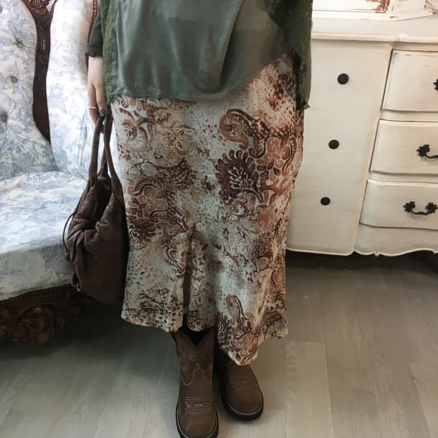 oriental brown pattern frill long skirt