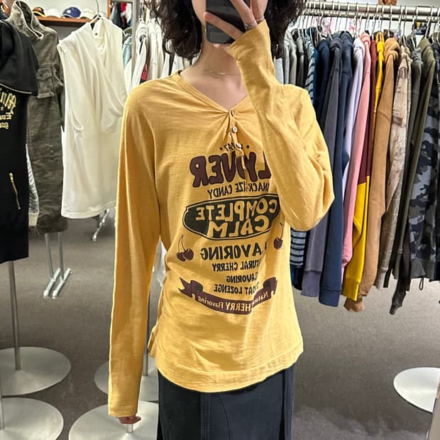 OS)Japanese vintage 헨리넥 옐로우 프린팅 롱슬리브