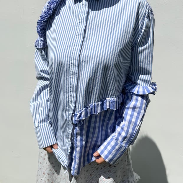 MSGM 믹스 프릴 스트라이프 오버 셔츠