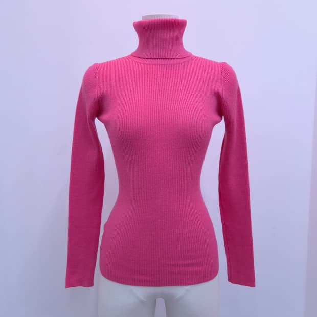 핑크 슬림핏 골지 터틀넥 니트 울혼방
