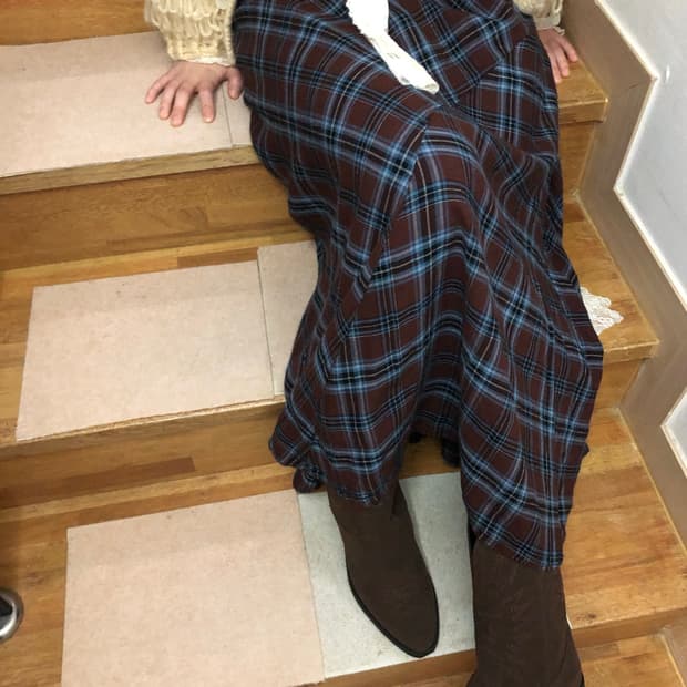 빈티지 다크브라운 체크 롱 스커트