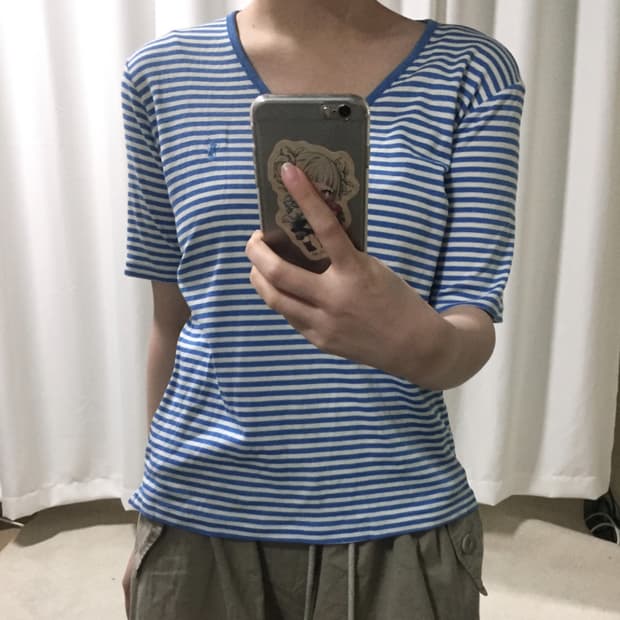 폴로 랄프로렌 하늘 스카이블루 스트라이프 단가라 브이넥 반팔 티