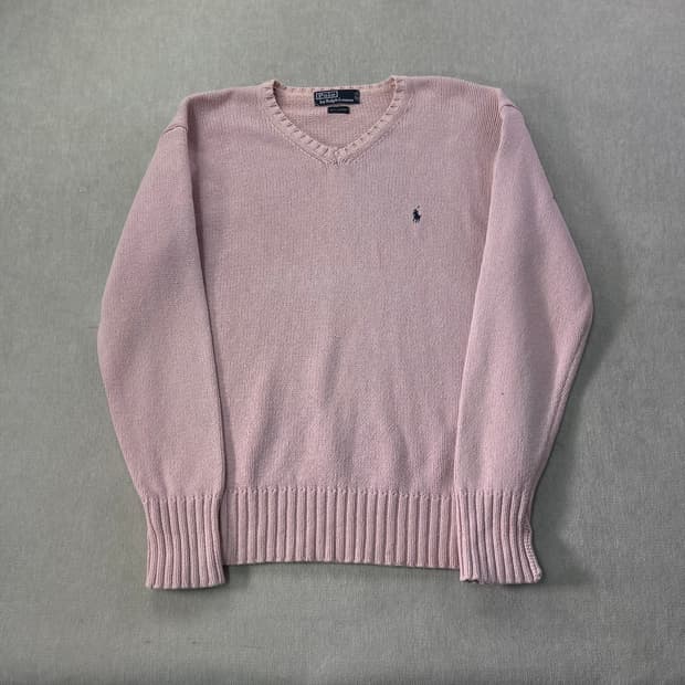 100 폴로랄프로렌 코튼 핑크 브이넥 니트