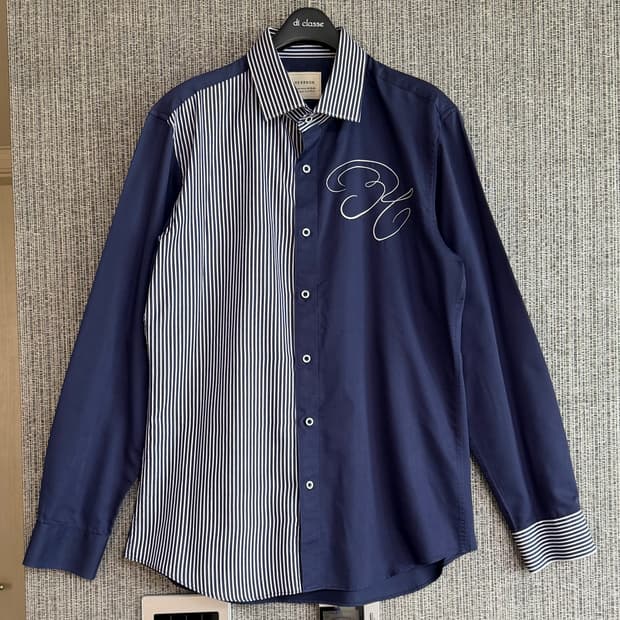 헤르본 HERRBON 네이비 믹스 스트라이프 자수 셔츠 남성 긴팔 면셔츠
