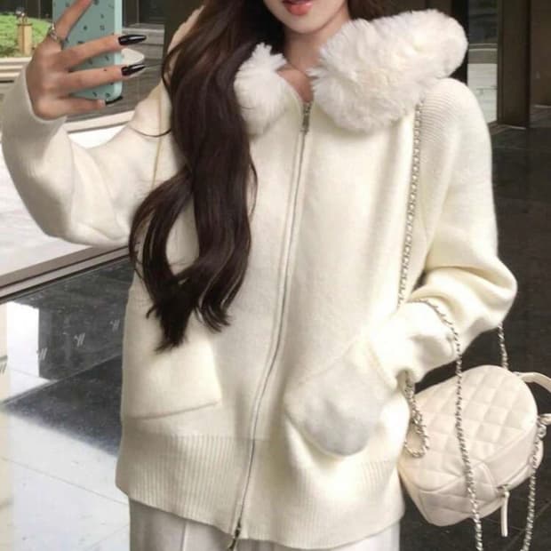 여성 화이트 엔젤 퍼후드 니트집업