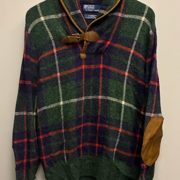 (M)폴로랄프로렌 울 타탄체크 엘보패치 레더 니트 스웨터