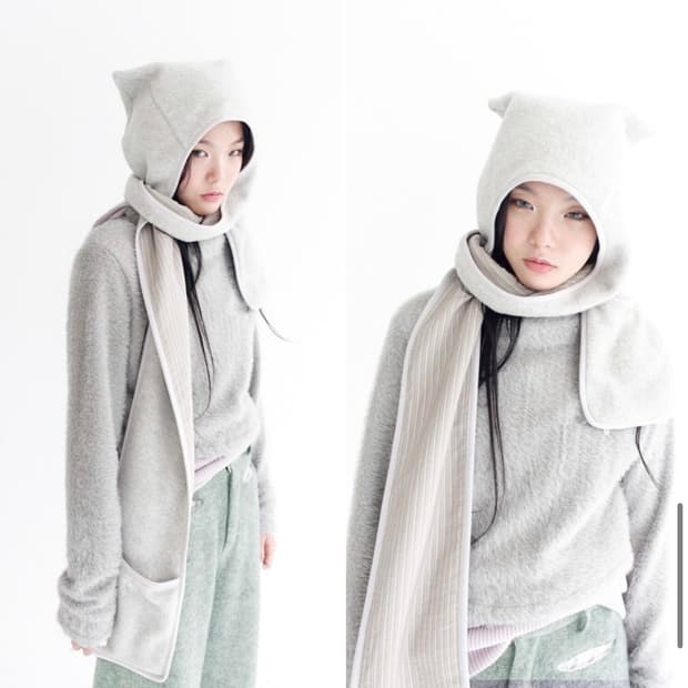샵페어리 고양이 후드 머플러 그레이