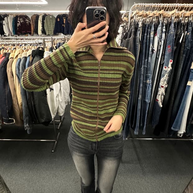 M)JUNKO SHIMADA 빈티지 여성 스트라이프 목폴라 니트집업