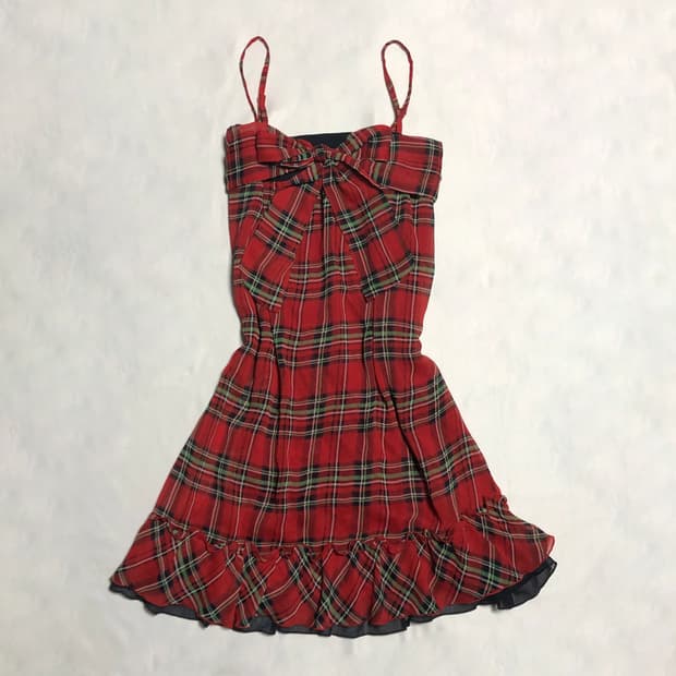 리본 체크 슬리브리스 원피스 레드