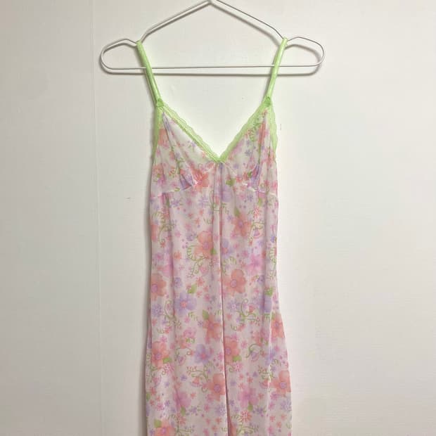 빈티지 쉬폰 키치 현아 시스루 슬리브리스 슬립원피스 빈티지 플라워