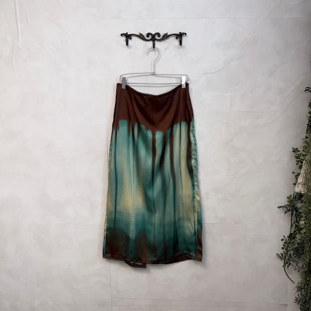 Mint brown gradient satin midi skirt