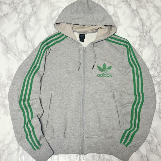 아디다스 그레이x초록 파이어버드 후드 집업 면 자켓 져지
