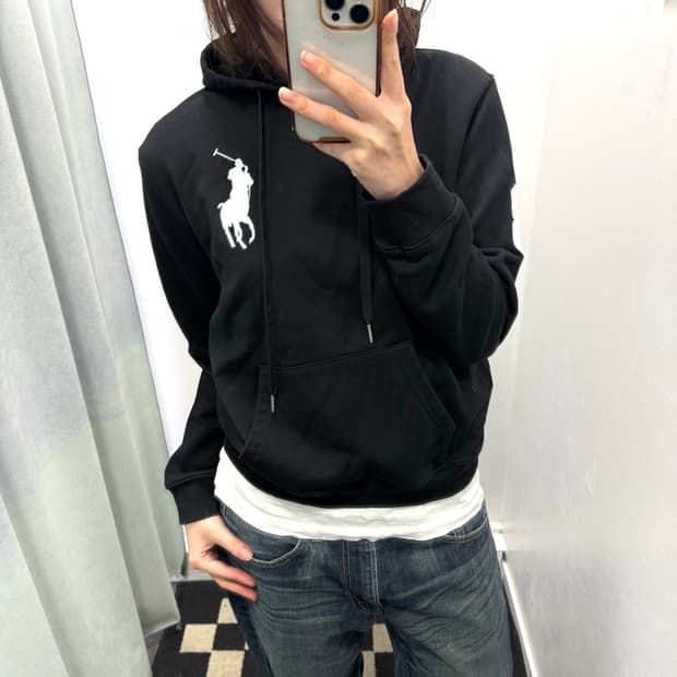 폴로 블랙 커스텀핏 빅포니 후드티