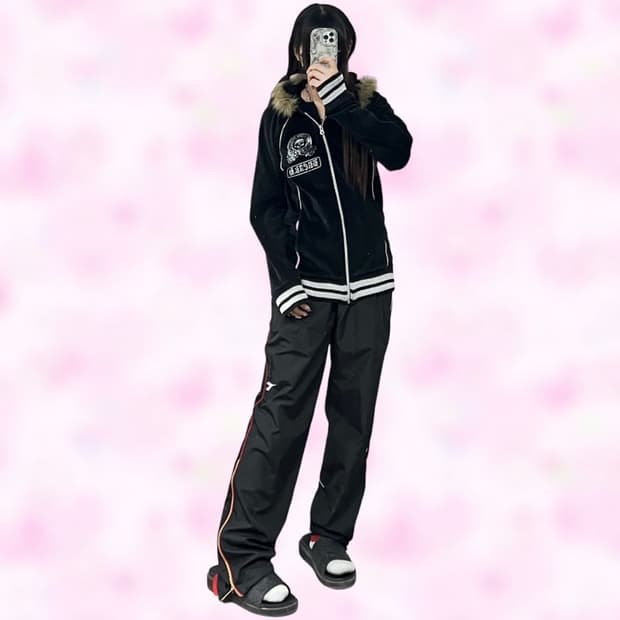 락펑크 스컬 벨벳 퍼 후드집업 