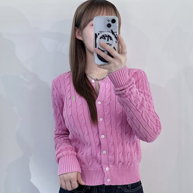 폴로랄프로렌 라임포니 핑크 케이블 가디건