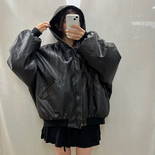 GLAMOUR 글래머 오버핏 레더 후디 자켓/#3625