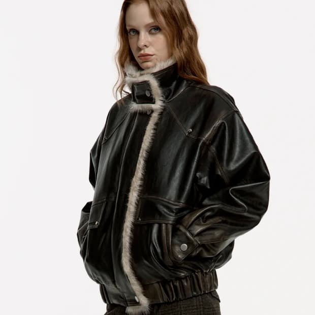 러프넥 워싱 레더 무스탕 자켓 S