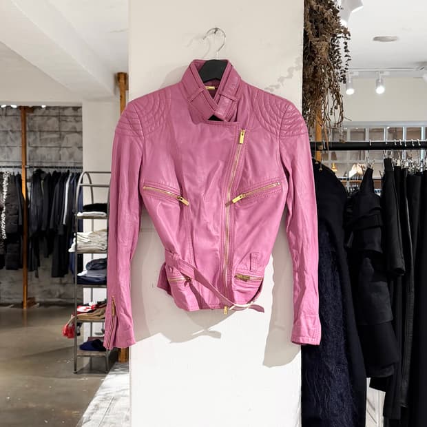 블루마린 핑크 쉽스킨 레더 바이크 자켓