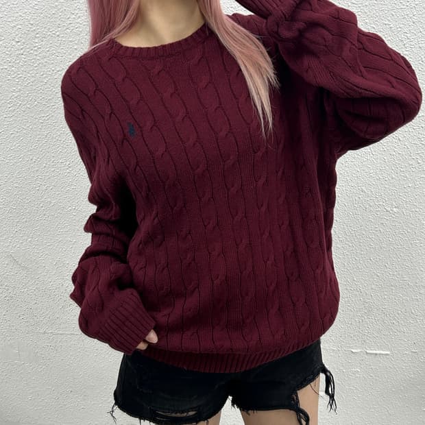 폴로 랄프로렌 네이비포니 버건디 꽈배기 니트 L