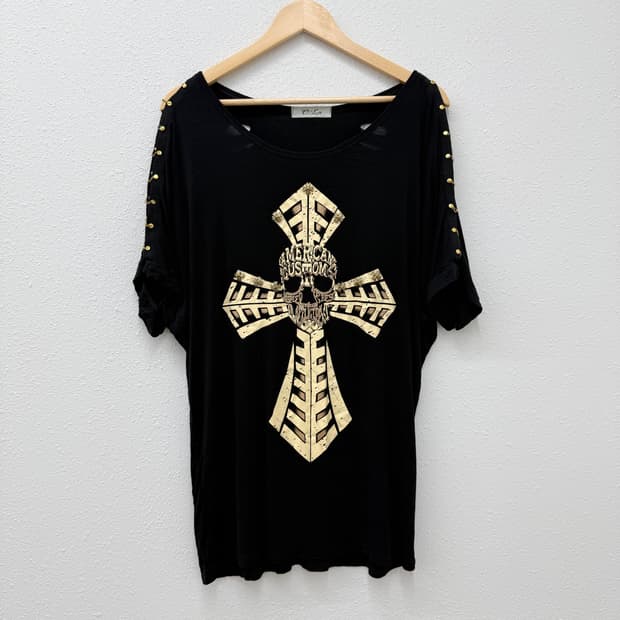 빈티지 블랙 펑크 디테일 반팔티